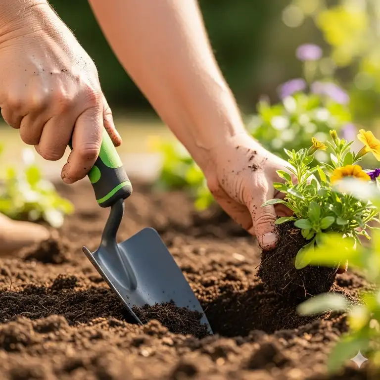 Eine Nahaufnahme der Hände eines Gärtners, der einen handspaten ergonomisch mit einem weichen Griff hält und Blumen in einem Gartenbeet pflanzt.