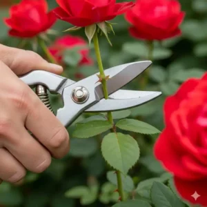 Gartenschere Test 2025: Nahaufnahme einer Bypass-Gartenschere in einer Hand, die einen Rosenbusch schneidet.
