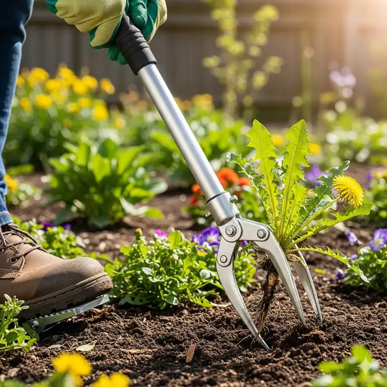 Unkrautstecher mit langem Stiel, ideal für die rückenfreundliche Unkrautentfernung im Garten.