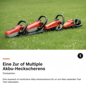 Eine Auswahl verschiedener akku heckenschere modelle, die auf einem Rasen für den test nebeneinander liegen.