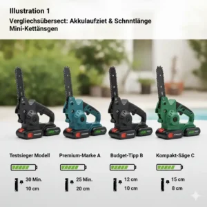 Vergleichsübersicht der besten Mini akku kettensäge test klein Modelle mit Fokus auf Akkulaufzeit und Schnittlänge.