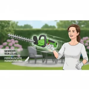 Eine Nahaufnahme, die das geringe Gewicht der elektrische heckenschere leicht darstellt, um ermüdungsfreies Arbeiten zu ermöglichen.