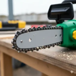 Detailaufnahme des Schwerts und der Kette der elektrische kettensäge klein.