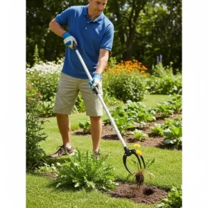 Mann demonstriert die einfache Anwendung eines Unkrautstecher lang Stiel im Garten.