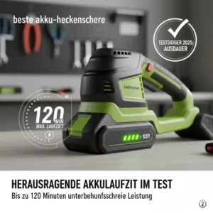 Nahaufnahme einer akku heckenschere mit vollgeladenem Akku, symbolisierend die lange Laufzeit im test 2025.