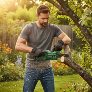 Handwerker schneidet mit einer akku kettensäge test klein dicke Äste im Garten, zeigt die einfache Handhabung.