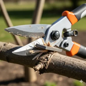 Ein detailliertes Foto einer Amboss-Gartenschere, die den Quetschmechanismus zum Schneiden von totem Holz hervorhebt.