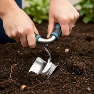 Eine Person, die einen handspaten ergonomisch benutzt, um ein kleines Loch in den Boden zu graben, was zeigt, wie das Design des Werkzeugs die Belastung des Handgelenks reduziert.