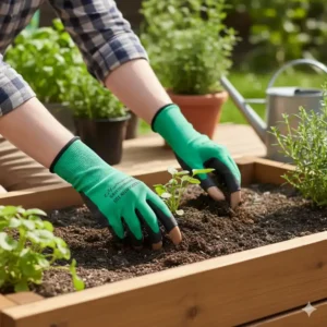 Eine Person gräbt Erde mit den praktischen Gartenhandschuhe mit Krallen.