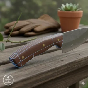 Nahaufnahme eines ergonomischen Griffs an einem Gartenmesser Allzweck, der den bequemen Halt hervorhebt, der die Ermüdung der Hand bei längerem Gebrauch reduziert.