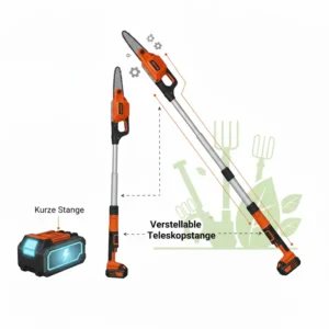 Verstellbare Teleskopstange des Akku Hochentaster für Garten zur einfachen Reichweitenanpassung.