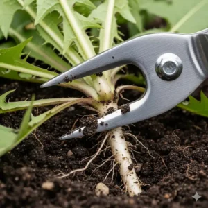 Nahaufnahme der Unkrautstecher lang Stiel-Spitze, die die Wurzel eines Löwenzahns präzise erfasst.