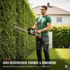 Ein Gärtner schneidet eine hohe Hecke mit einer leichten akku heckenschere, demonstrierend die einfache Handhabung.