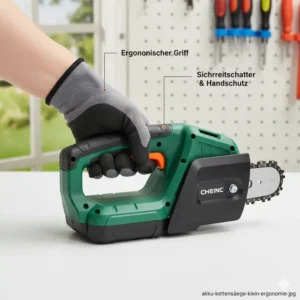 Detailansicht des ergonomischen Griffs und der Sicherheitsmerkmale einer akku kettensäge test klein.