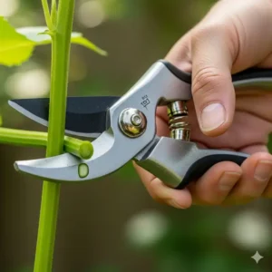 Ein Bild einer Bypass-Gartenschere, deren saubere Schneidwirkung an einem frischen Pflanzenstiel gezeigt wird.