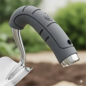 Eine Detailansicht des gekrümmten Griffs und der gepolsterten Grifffläche eines handspaten ergonomisch, die seine Designmerkmale für Komfort hervorhebt.