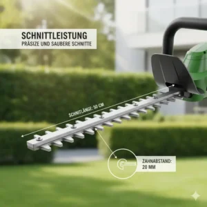 Eine Detailansicht der scharfen Klinge der elektrische heckenschere leicht, die eine optimale Schnittlänge für präzise Gartenschnitte bietet.