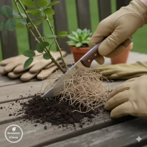 Ein Gärtner benutzt ein Gartenmesser Allzweck, um kleine Wurzeln präzise zu schneiden, was seine Wirksamkeit beim Teilen von Pflanzen und Trimmen von Bonsai demonstriert.