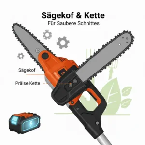 Präziser Sägekopf des Akku Hochentaster für Garten mit scharfer Kette für saubere Schnitte.