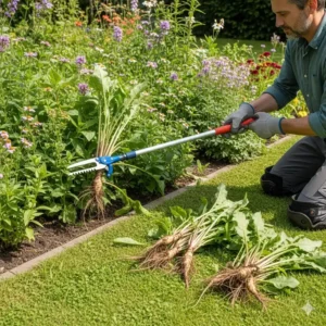 Unkrautentfernung mit einem Unkrautstecher lang Stiel, ganz ohne Chemie.