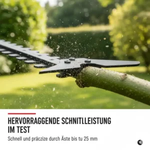 Eine scharfe Klinge einer akku heckenschere schneidet präzise durch einen dicken Ast, was die hervorragende Schnittleistung zeigt.