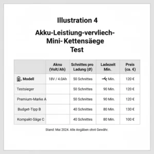 Diagramm zum Akku-Leistungsvergleich (Volt, Ah, Schnitte pro Ladung) von Modellen im akku kettensäge test klein.