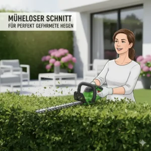 Eine dynamische Aufnahme der elektrische heckenschere leicht beim Schneiden einer Gartenhecke.