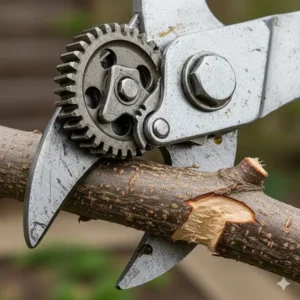 Nahaufnahme des Ratschenmechanismus, der die beste Astschere für dicke Äste antreibt.