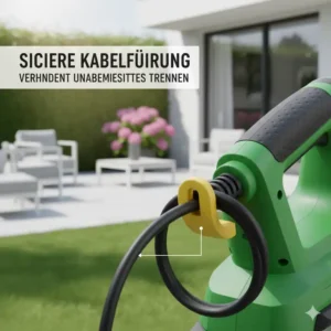 Eine Abbildung, die die integrierte Zugentlastung des Kabels bei der elektrische heckenschere leicht zeigt, für eine sichere und einfache Handhabung.