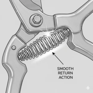 Eine Illustration des Federmechanismus an einer Gartenschere, die die sanfte, einfach zu bedienende Rückholaktion betont.