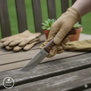 Eine Person reinigt ein Gartenmesser Allzweck nach dem Gebrauch, um die Wichtigkeit der richtigen Pflege zu zeigen, damit die Klinge scharf und rostfrei bleibt.