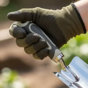 Eine behandschuhte Hand, die den konturierten Griff eines handspaten ergonomisch umgreift und einen natürlichen, sicheren Halt demonstriert.