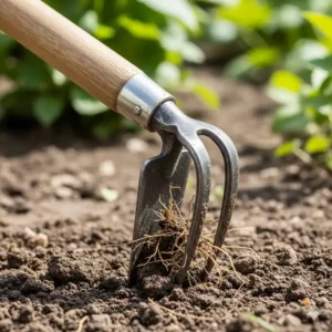Eine kleine handhacke garten mit einer gabelförmigen Spitze, ideal zum Auflockern von hartem Boden und zum Entfernen von hartnäckigen Unkrautwurzeln.
