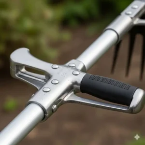 Detailansicht des robusten Metallgriffs und des langen Stiels eines Unkrautstecher lang Stiel.