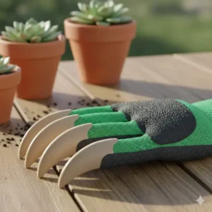 Detaillierte Ansicht des atmungsaktiven Materials der Gartenhandschuhe mit Krallen.