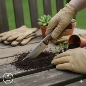 Ein Gartenmesser Allzweck wird verwendet, um eine kleine Furche in den Boden zu ziehen, um Setzlinge zu pflanzen, was seine vielseitige Funktionalität über das Schneiden hinaus veranschaulicht.