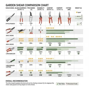 Eine visuelle Darstellung einer Testtabelle, die verschiedene Gartenscheren anhand von Kriterien wie Klingenschärfe, Preis und Haltbarkeit vergleicht.