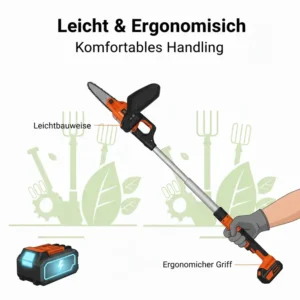 Leichter Akku Hochentaster für Garten und ergonomischer Griff für komfortables Handling.