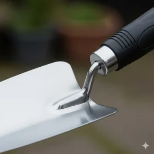 Ein Bild, das sich auf das langlebige, rostfreie Blatt und seine nahtlose Verbindung zum Griff eines handspaten ergonomisch konzentriert.