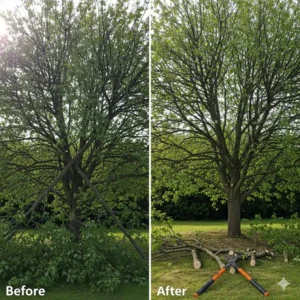 Vorher-Nachher-Bild eines Baumes, der mit der beste Astschere für dicke Äste beschnitten wurde.
