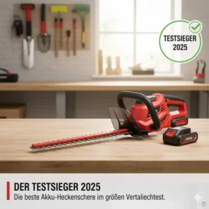 Die beste akku heckenschere, ausgezeichnet als Testsieger 2025, auf einer Holzoberfläche dargestellt.