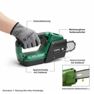 Illustration, die den einfachen, werkzeuglosen Kettenwechsel oder das Schmiersystem einer akku kettensäge test klein darstellt.