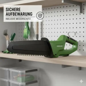 Die elektrische heckenschere leicht mit ihrem Messerschutz, der eine sichere Aufbewahrung des Geräts ermöglicht.