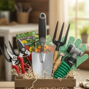  Eine Sammlung von Gartenwerkzeugen, bei der ein handspaten ergonomisch prominent platziert ist, kunstvoll als Geschenkset für Gärtner arrangiert.