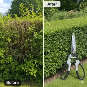 Ein "Vorher-Nachher"-Bild, das eine unordentliche, überwucherte Hecke und eine sauber geschnittene Hecke mit einer der besten Gartenscheren aus unserem gartenschere test 2025 zeigt.