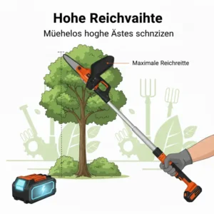 Große Reichweite: Akku Hochentaster für Garten erreicht mühelos hohe Äste und Baumkronen.