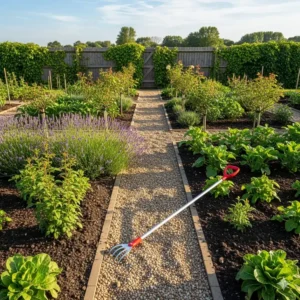 Übersichtsbild eines gepflegten Gartens nach dem Jäten mit einem Unkrautstecher lang Stiel.