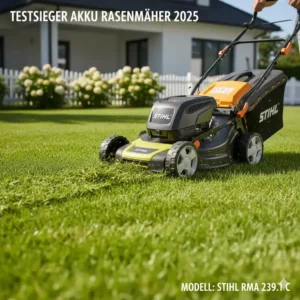 Akku Rasenmäher Test 2025 Testsieger Stihl RMA 239.1 C beim Mähen auf einem großen Rasen