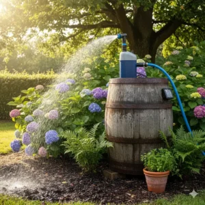 Gartenbewässerung: Eine regenfass pumpe elektrisch in Aktion, gießt Pflanzen mit Regenwasser.