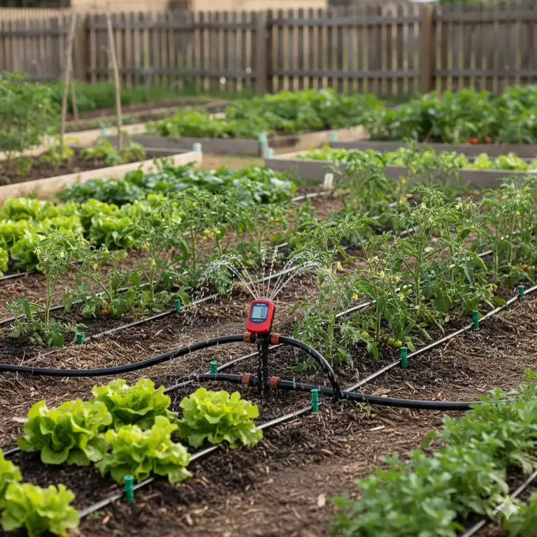 Ein Tropfbewässerung Garten Set, komplett installiert, zeigt die effiziente Bewässerung von Pflanzen.